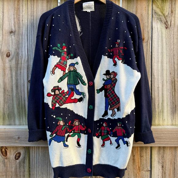Susan Bristol Sweaters - 1992 Susan Bristol Embroidered Cardigan Holiday Ice Skating